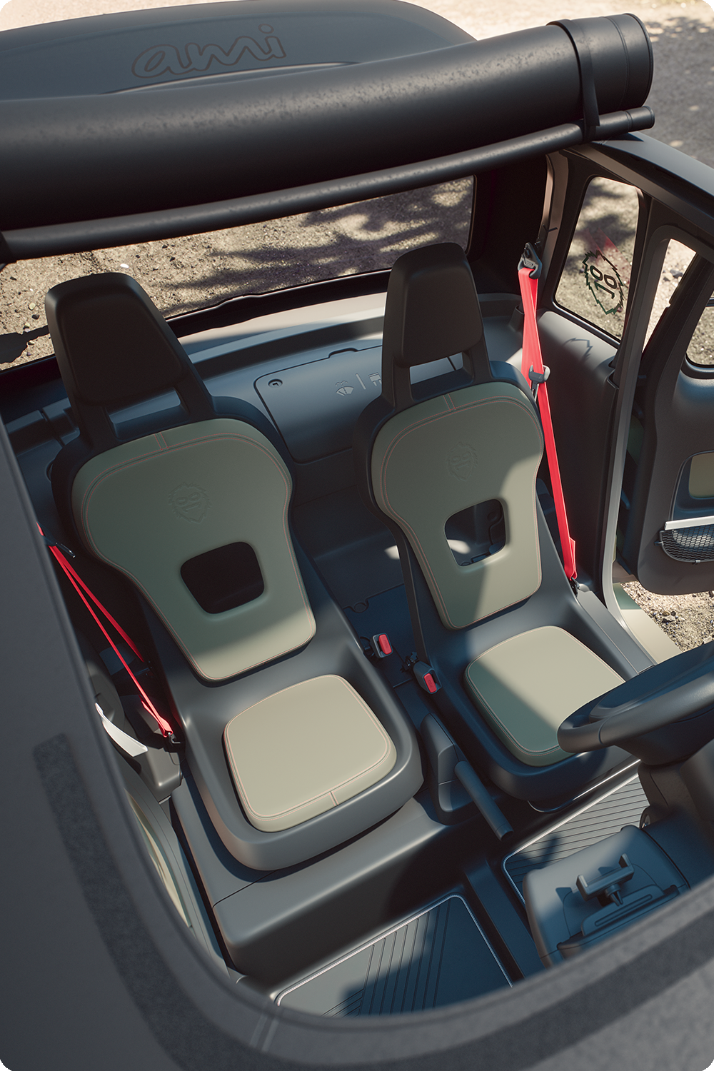 Bovenaanzicht van het interieur van de Citroën Ami Outdoor: compact, elektrisch en toegankelijk, met een innovatieve zitopstelling voor dagelijkse mobiliteit.