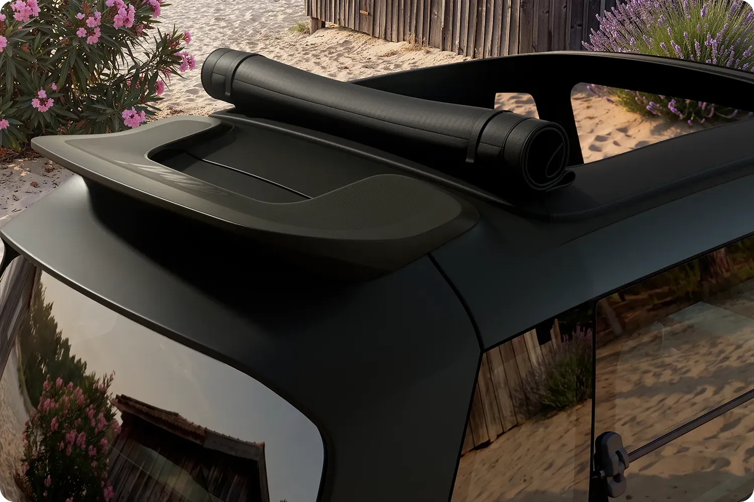Close-up van het dakrek van de Citroën Ami Outdoor: compact, elektrisch en toegankelijk, met een innovatieve opbergoplossing voor outdooravonturen.