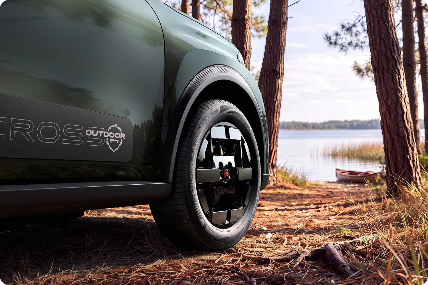 Close-up van het wiel van de Citroën C3 Outdoor: een toegankelijk design met innovatieve styling voor outdooravonturen.